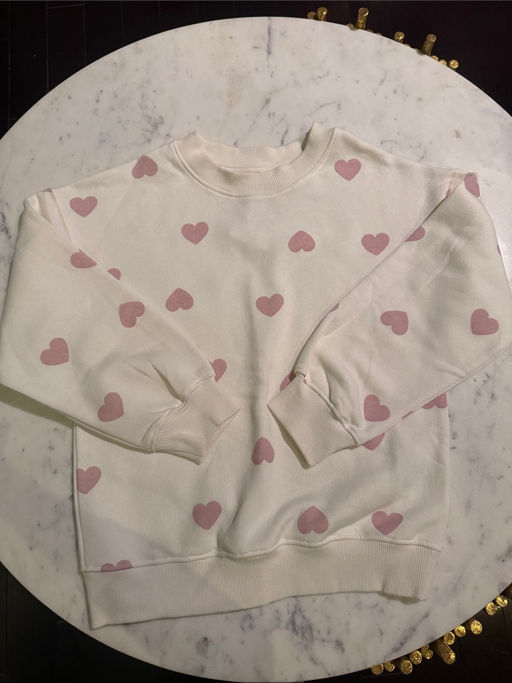 H&M Cream Sweatshirt with Pink Heart Pattern - Long Sleeve